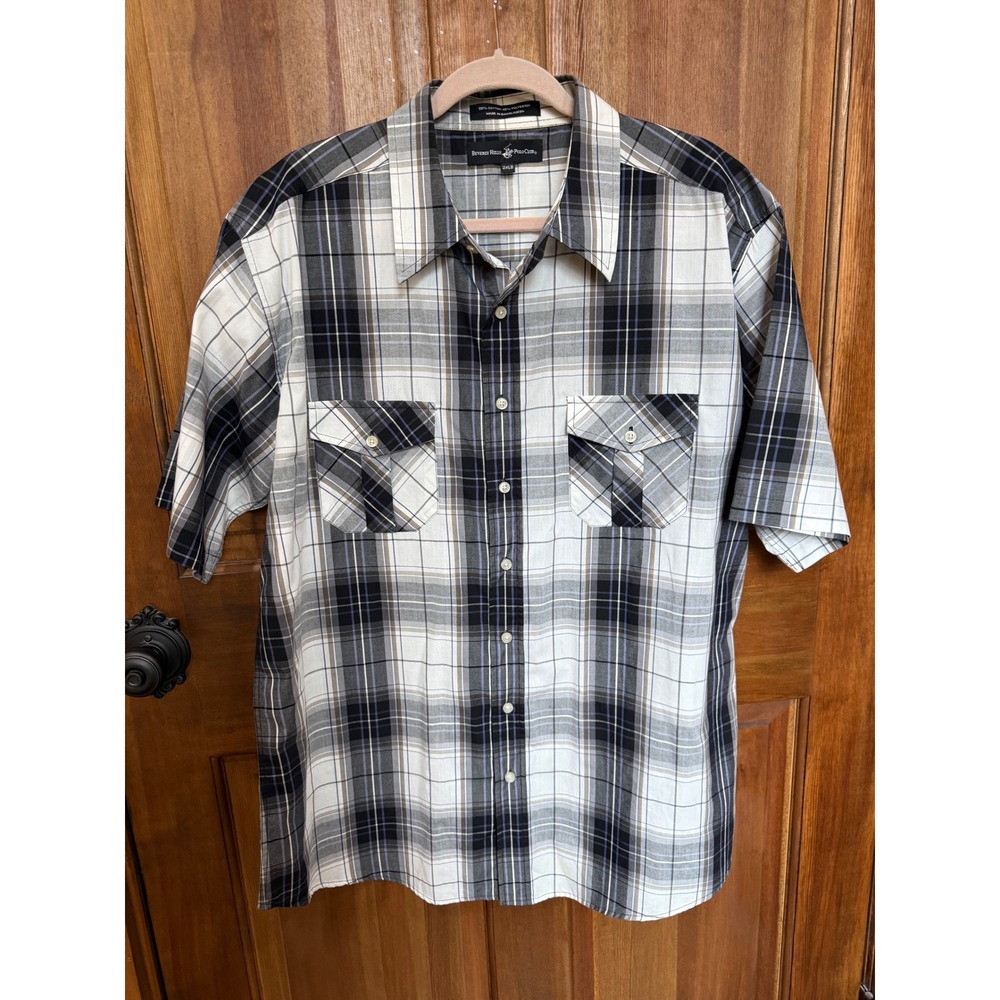 Beverly Hills Polo Club Mens 2XLB Plaid S Sleeve Button‎ Down Shirt Black White